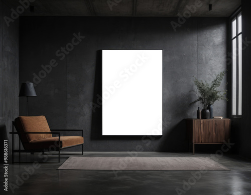 Mockup room for poster or painting in brutalist interior, Photo Frame Mockup, dark colors