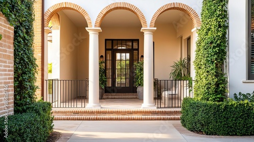 Elegant suburban house with brick archways, tall pillars, and an ivy-covered fence