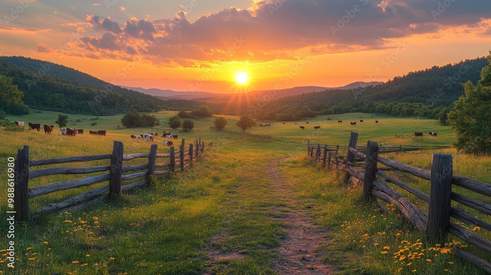 Serene Sunset Over Pastoral Landscape with Cows Serene Sunset Over Pastoral Landscape with Cows