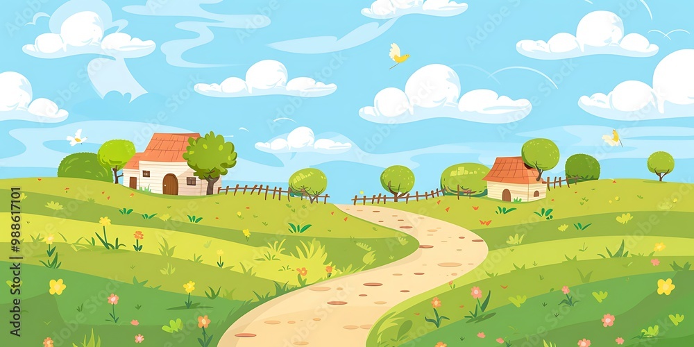 Naklejka premium Cartoon Illustration of a Winding Road Through a Lush Green Meadow with Two Small Houses