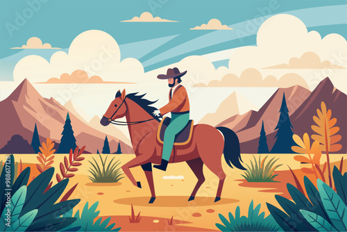 A gaucho rides a horse across a colorful landscape with mountains and lush vegetation under a clear sky, A simple flat illustration of a gaucho riding a horse in the Pampas grasslands