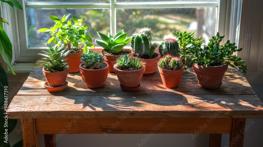A sunny windowsill displays an array of potted succulents and cacti, showcasing vibrant greenery against a rustic wooden table. A sunny windowsill displays an array of potted succulents and cacti, showcasing vibrant greenery against a rustic wooden table.