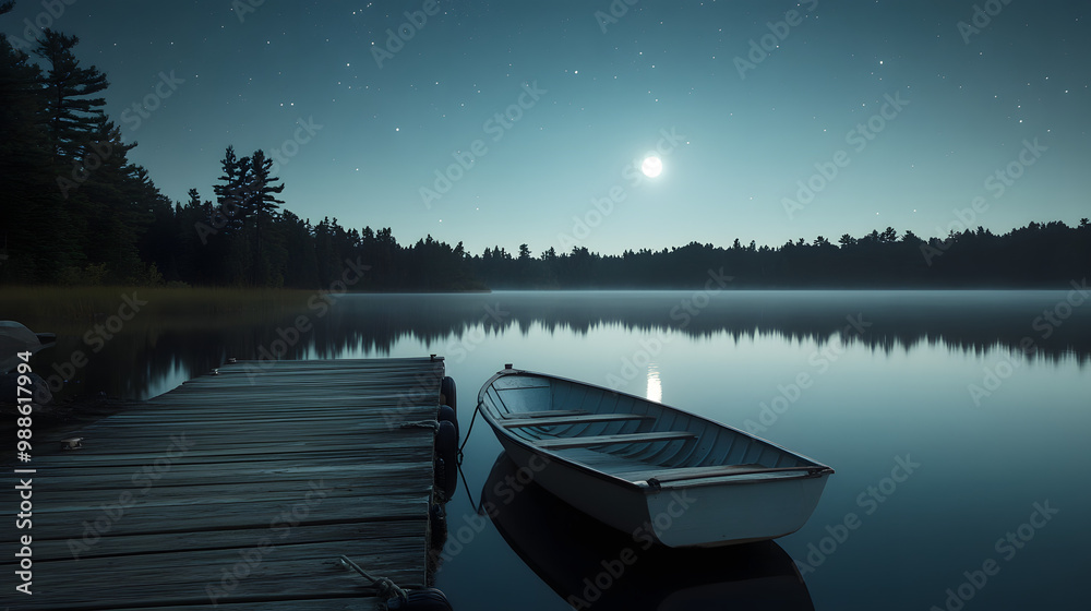 Obraz premium A rowboat tied to a wooden dock gently swaying in the moonlit waters of a quiet lake surrounded by whispering pines.
