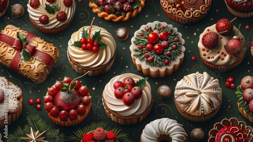 A pattern of festive fruitcakes, yule logs, and holiday pies, decorated with holly and ribbons, arranged in a repeating, balanced design on a dark green background