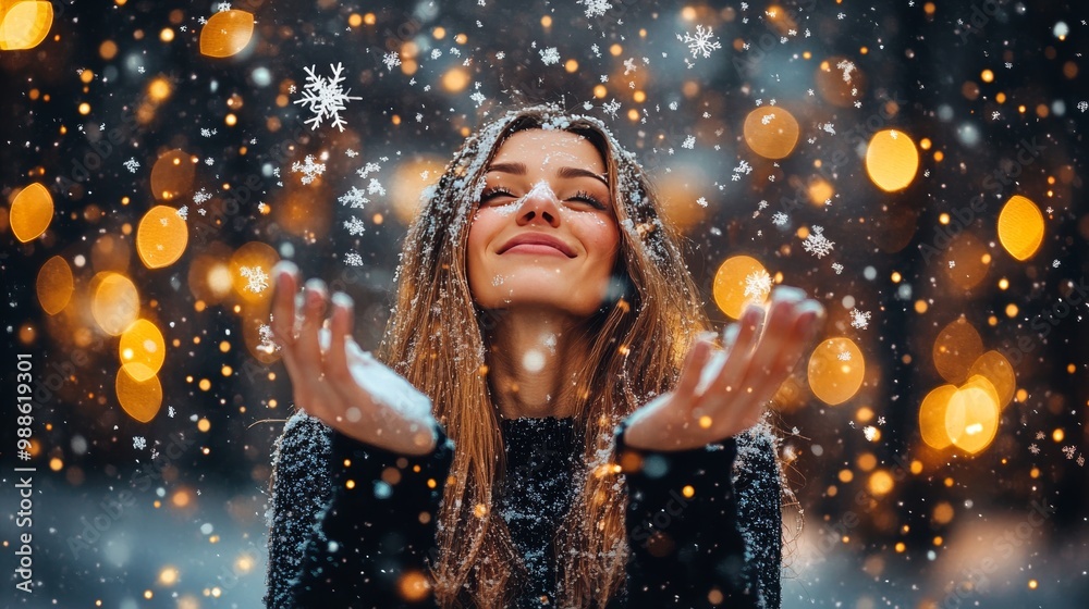 Winter Wonderland Magic Smiling Woman Catches Snowflakes Under Twinkling Holiday Lights Winter Wonderland Magic Smiling Woman Catches Snowflakes Under Twinkling Holiday Lights