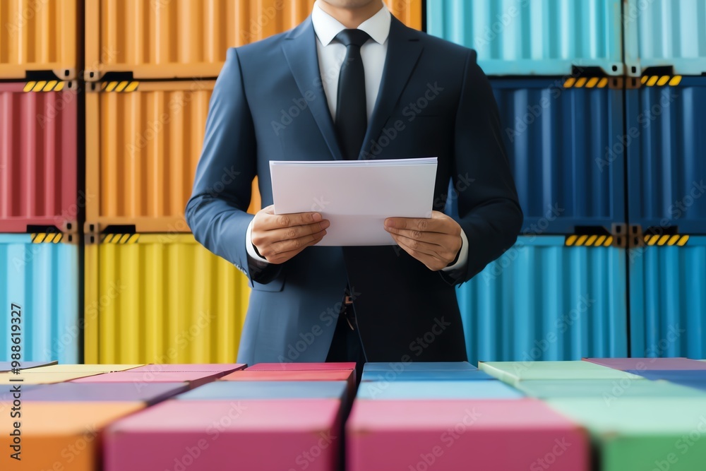 Businessman holding documents in front of colorful shipping containers ...