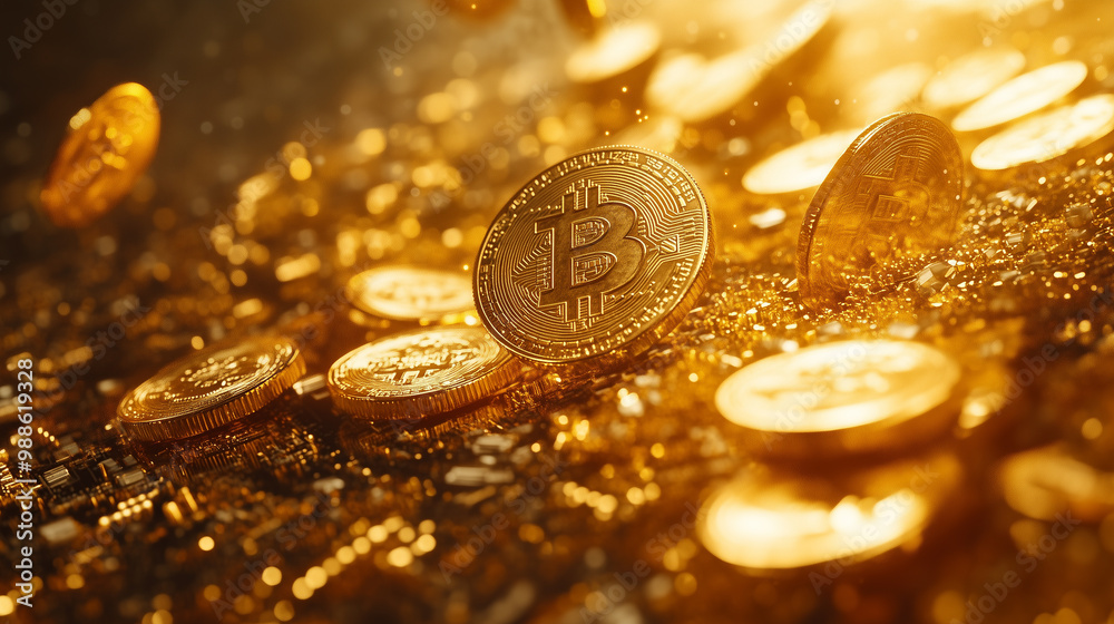 Bitcoin gold coins falling in motion against gold chips and circuits. Close-up of many Bitcoin gold coins falling in motion. Generative AI Bitcoin gold coins falling in motion against gold chips and circuits. Close-up of many Bitcoin gold coins falling in motion. Generative AI
