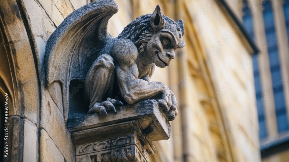 Obraz premium An intricate stone gargoyle featuring detailed wings on a historic and majestic cathedral