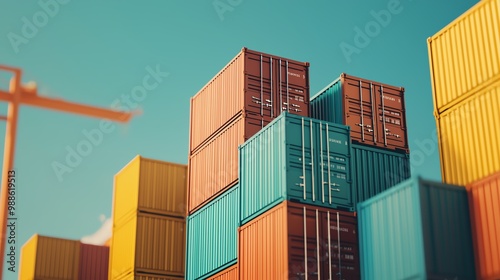 Colorful shipping containers stacked against a clear blue sky.