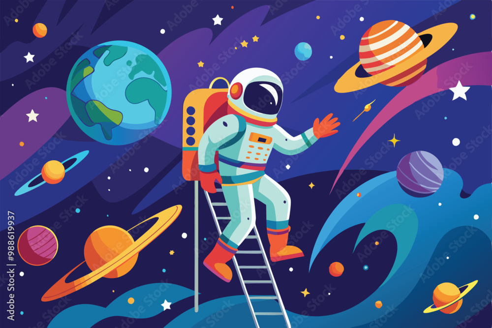 An astronaut in a spacesuit ascends a ladder while exploring the vastness of outer space, Astronaut standing on ladder. An astronaut in a spacesuit ascends a ladder while exploring the vastness of outer space, Astronaut standing on ladder.