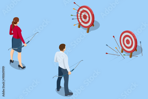 Isometric Creative Business people, managers, and employees discuss strategies for achieving goals and success. Teamwork, analytics, business, career development or promotion