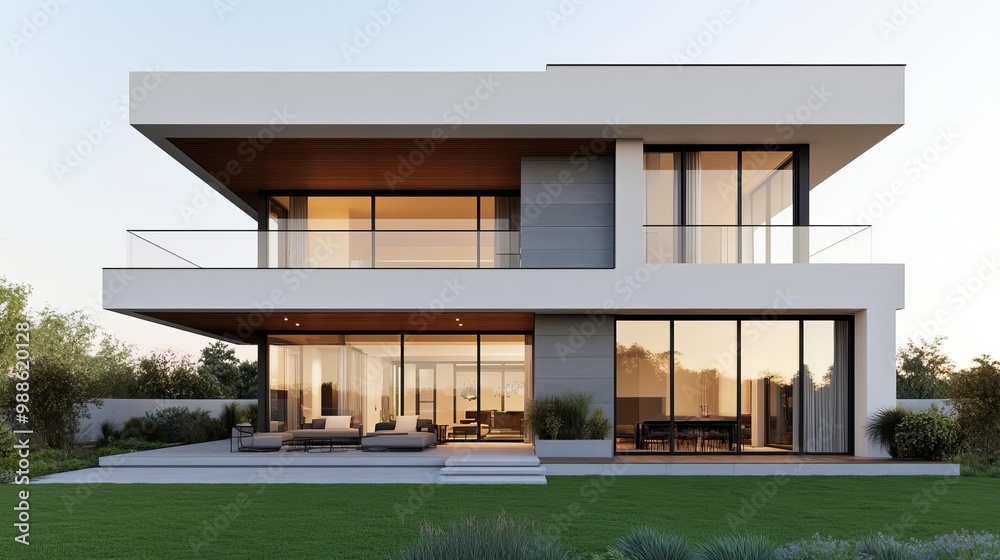 Obraz premium Modern suburban house with a cantilevered balcony, clean lines, and floor-to-ceiling windows