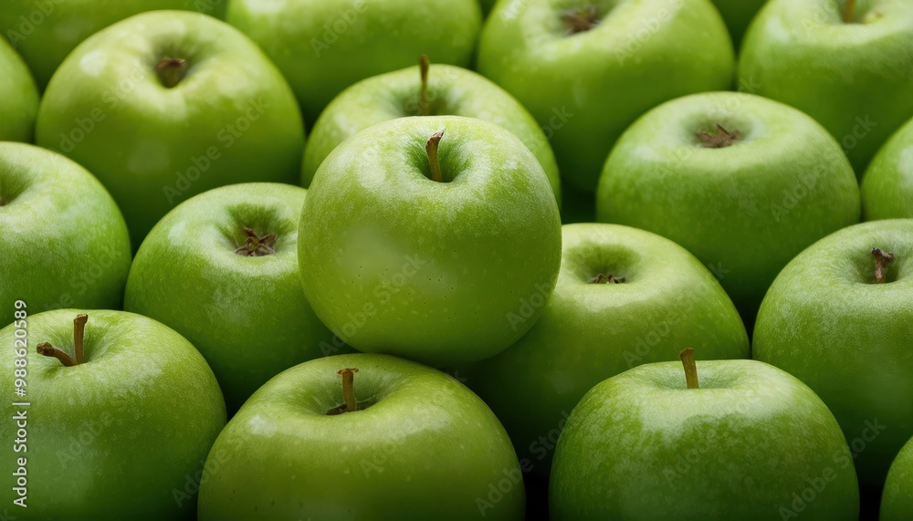 Vibrant Array of Fresh Green Apples in Perfect Alignment, Highlighting Their Glossy Texture and Crispness, Symbolizing Natural Freshness and Organic Produce for Healthy Eating Vibrant Array of Fresh Green Apples in Perfect Alignment, Highlighting Their Glossy Texture and Crispness, Symbolizing Natural Freshness and Organic Produce for Healthy Eating