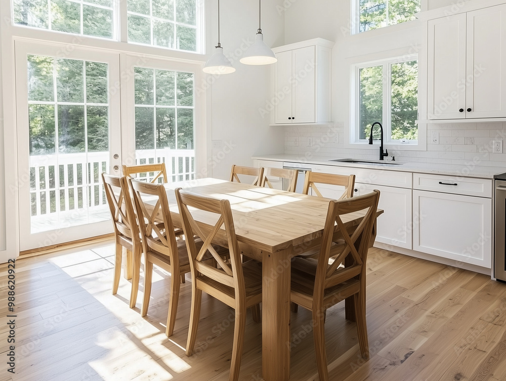 Modern design open kitchen and dining room in home with sunlight Modern design open kitchen and dining room in home with sunlight