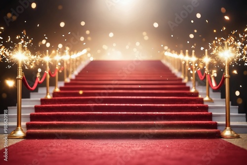 Red carpet on the stage with colorful fireworks lighting up the night sky during a vibrant celebration for New Year s Eve party