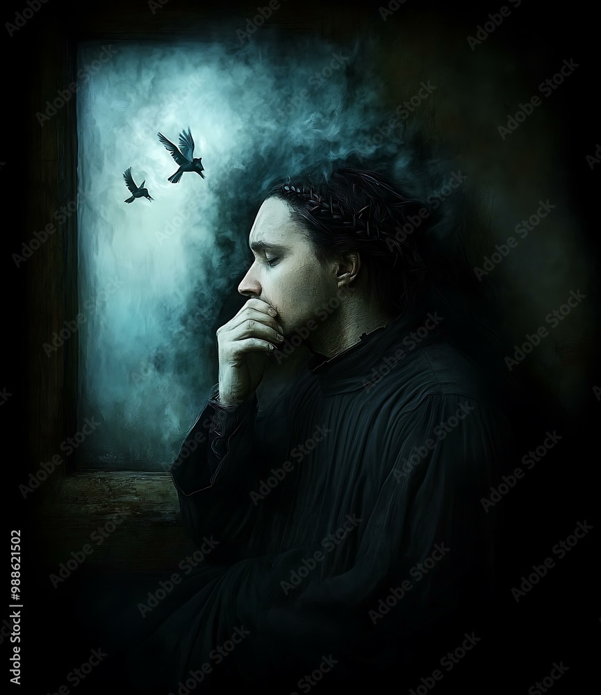 Man in Black Robe Looking Out Window With Birds Flying Away Man in Black Robe Looking Out Window With Birds Flying Away