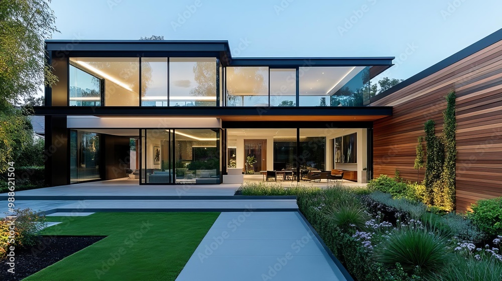 Modern suburban house with sleek glass windows, wooden paneling, and minimalist garden Modern suburban house with sleek glass windows, wooden paneling, and minimalist garden
