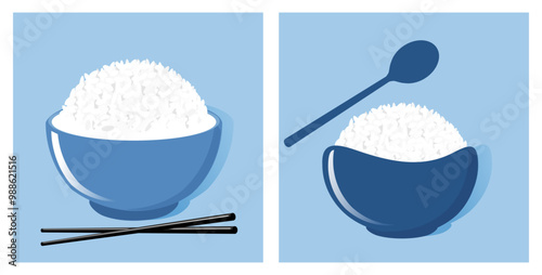 Rice bowls sign with chopsticks and spoon on blue background vector.