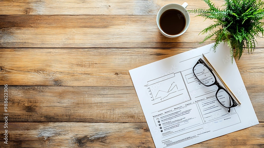 Fototapeta premium Business plan blueprint on a wooden desk with coffee and glasses, strategic planning concept 