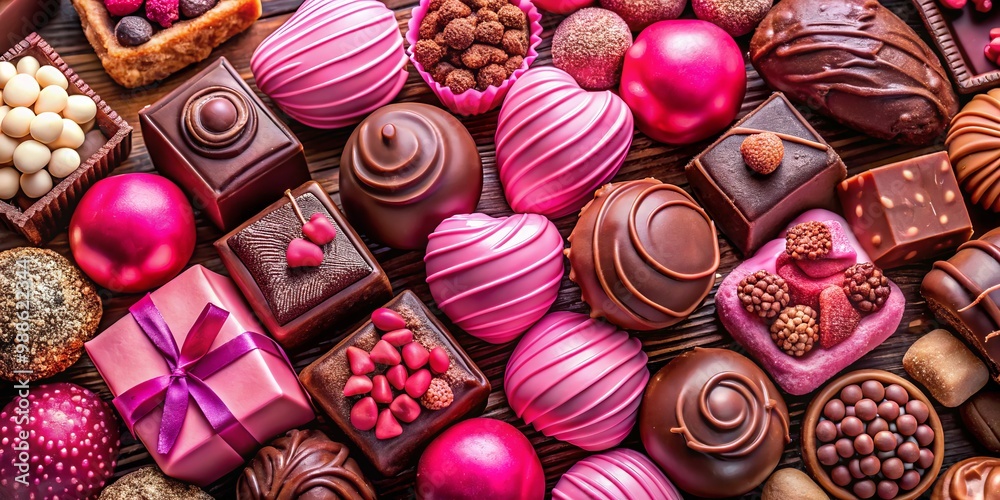 Experience bliss with a charming combination of chocolate and pink delights, artfully arranged on a delightful surface Experience bliss with a charming combination of chocolate and pink delights, artfully arranged on a delightful surface