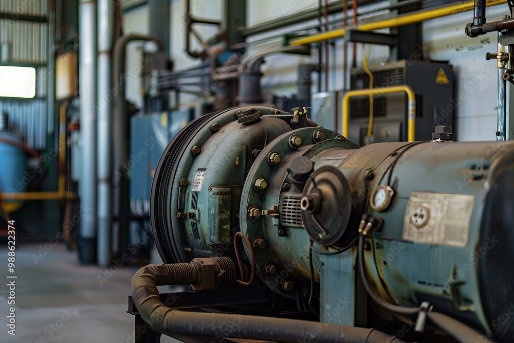 Fototapeta premium Large industrial air compressor operating inside a busy factory
