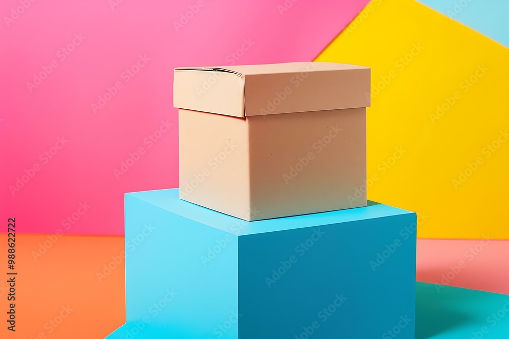 Fototapeta premium Brown Box on Blue and Yellow Background