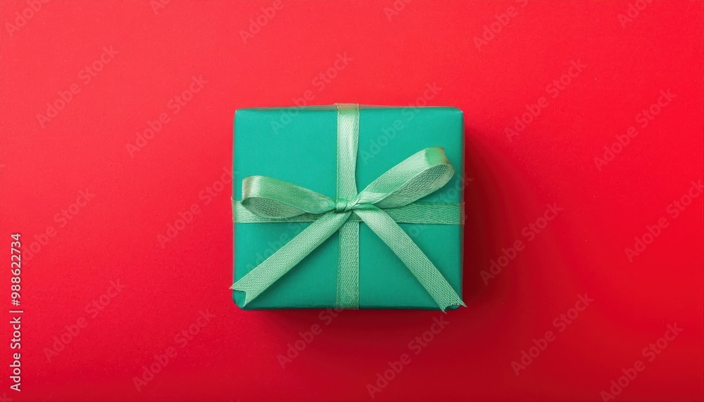 Elegant Green Gift Box with Satin Ribbon Bow on Vibrant Red Background. Festive, Minimalist Christmas New Year Holiday Present Wrapped with Care, Symbolizing Joy, Celebration, and Thoughtful Gifting Elegant Green Gift Box with Satin Ribbon Bow on Vibrant Red Background. Festive, Minimalist Christmas New Year Holiday Present Wrapped with Care, Symbolizing Joy, Celebration, and Thoughtful Gifting