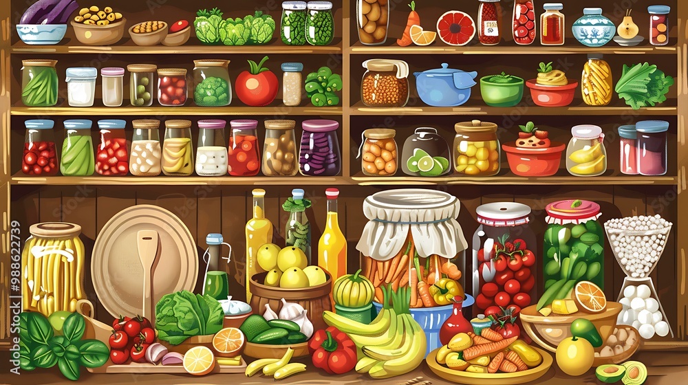 Colorful Illustration Of Preserved Food In Jars On Wooden Shelves Colorful Illustration Of Preserved Food In Jars On Wooden Shelves