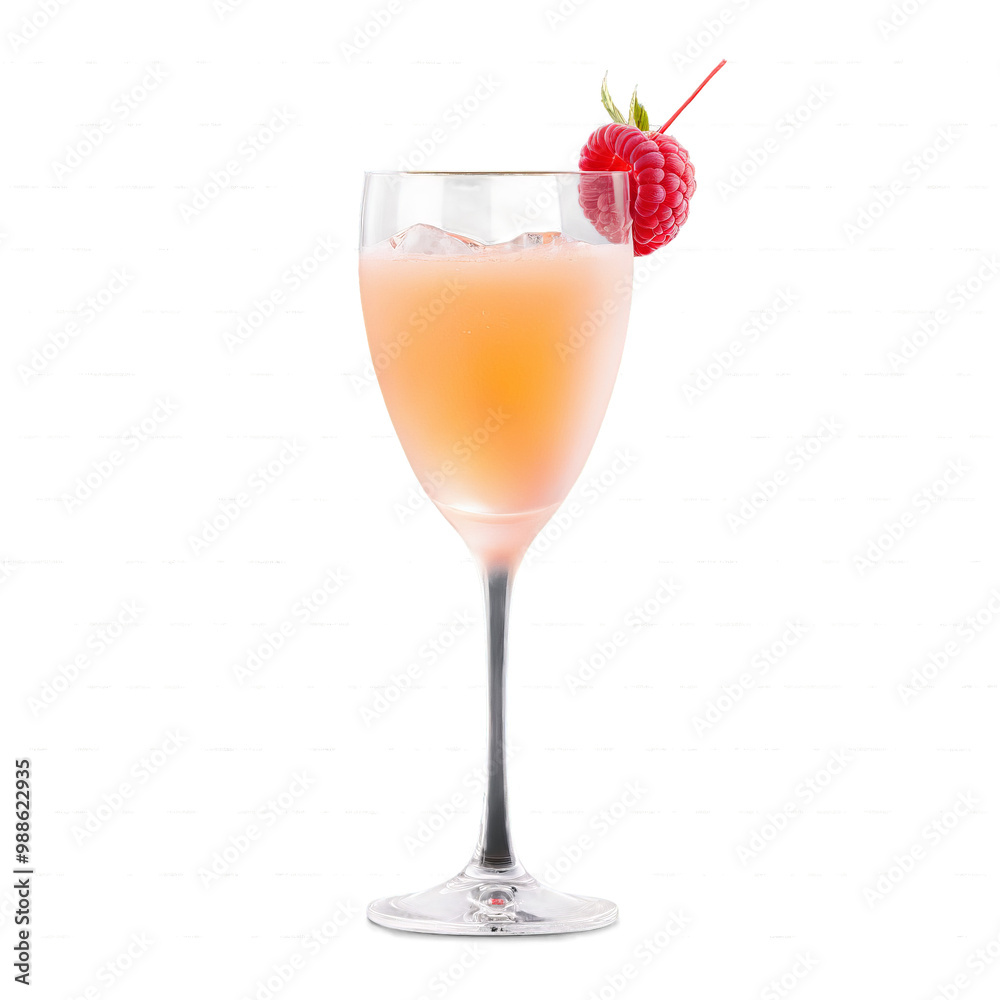 Bellini glass tall and slender containing a sparkling pale peach cocktail with a fresh raspberry Bellini glass tall and slender containing a sparkling pale peach cocktail with a fresh raspberry