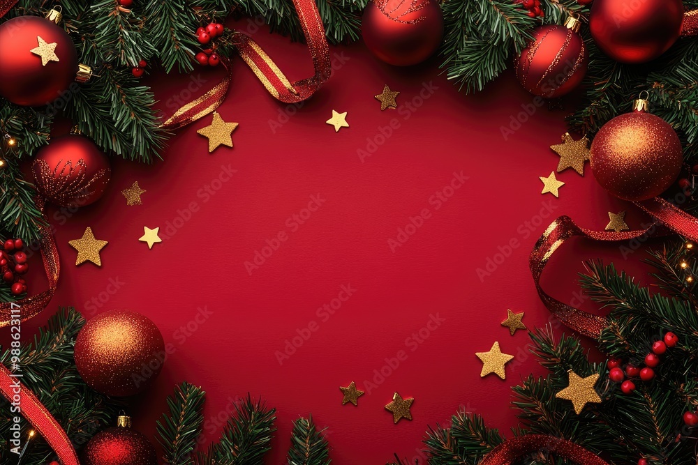 Red Christmas Ornament and Pine Branch Border Red Christmas Ornament and Pine Branch Border