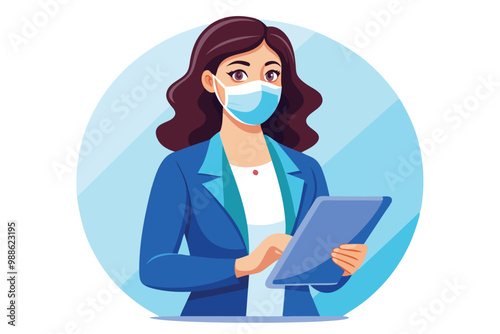 A business owner in a medical mask is using a tablet in her stylish office space, Beautiful business owner with medical mask and tablet