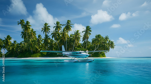 A sleek seaplane landing smoothly on the deep blue waters beside a tropical island with towering coconut palms. photo