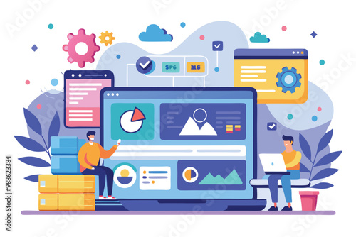 Two developers collaborate in a vibrant workspace, utilizing digital tools for app development solutions and creativity, Best solutions for App Development, Horizontal Web Landing Page