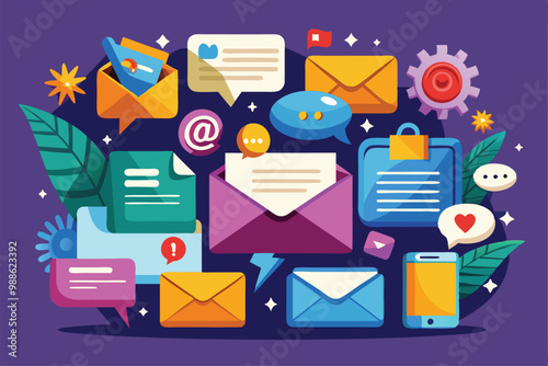 A vibrant display of various notifications and messages symbolizing digital communication activities, Big Set of Incoming Messages and Notifications Illustrations,
