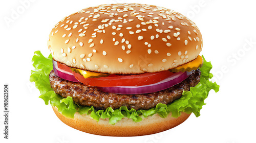 A delicious hamburger with a sesame seed bun, juicy beef patty, fresh lettuce, tomato, onion, and cheese, perfect for any meal, Transparent background.