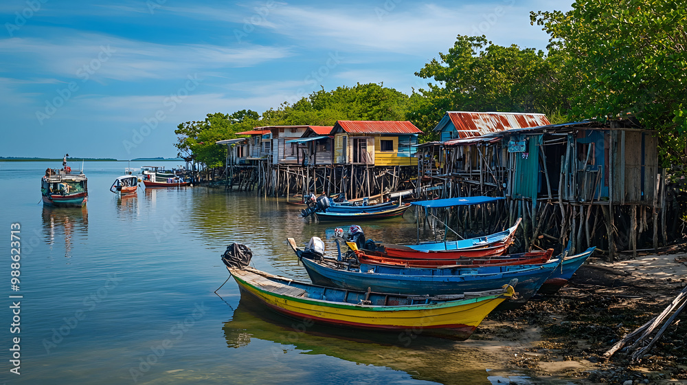 A small fishing island with colorful boats docked along the shoreline and wooden houses on stilts. A small fishing island with colorful boats docked along the shoreline and wooden houses on stilts.