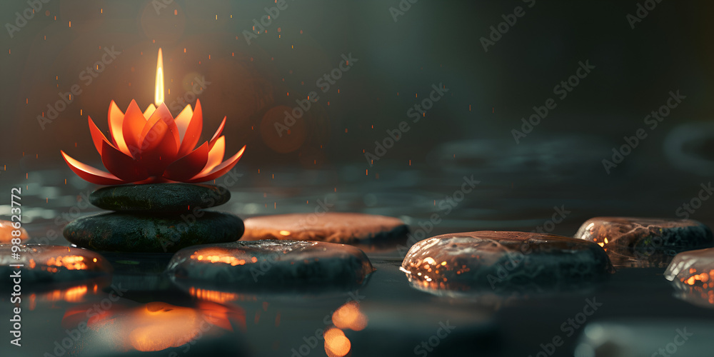 Zen Lotus Flower Candle on Water with Smooth Stones Zen Lotus Flower Candle on Water with Smooth Stones