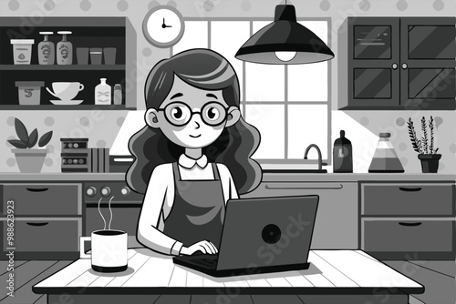 A woman types on her laptop while enjoying a cup of coffee in a sunny kitchen, Black and White Cartoon Illustration of Woman in Kitchen with Laptop