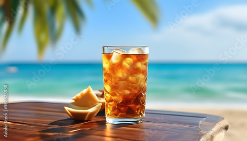 Refreshing iced tea served in a glass on a sunny beach table during summer