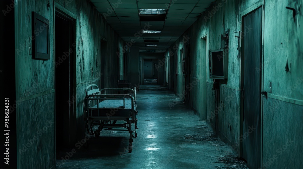 Eerie Abandoned Hospital Corridor with Empty Bed