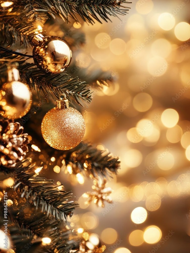 Gold Christmas background of de-focused lights with decorated tree. with generative ai