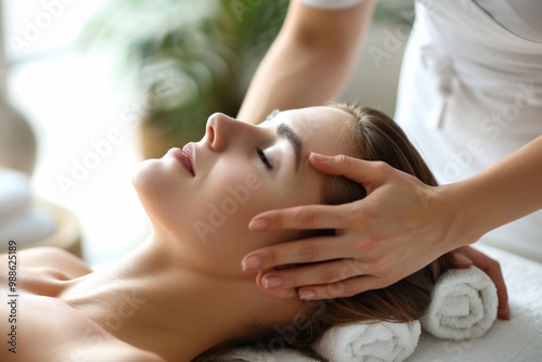 A woman enjoying a peaceful spa massage, enhancing relaxation and wellness with gentle hands-on techniques in a serene environment