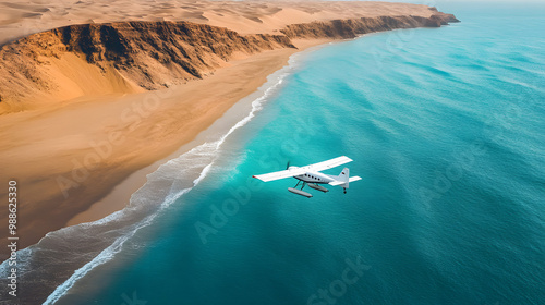 A small seaplane landing on the open sea near a remote desert island with wind-sculpted sand dunes. photo