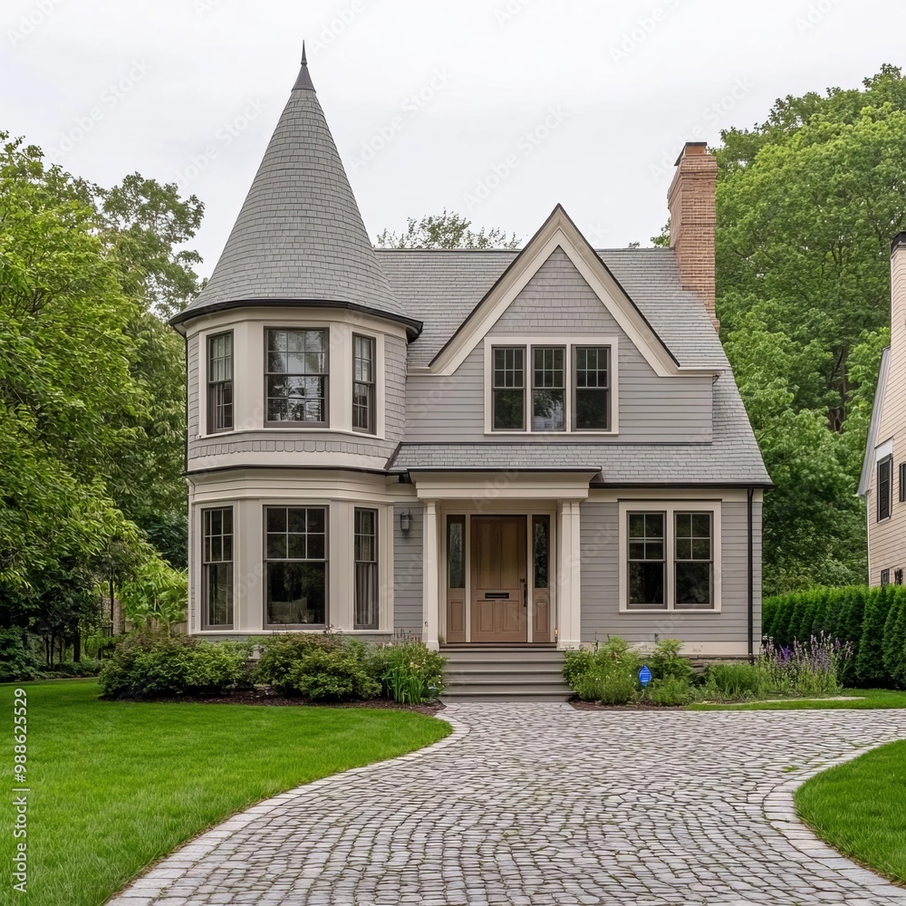 Suburban house with a charming turret, grey siding, and a cobblestone driveway Suburban house with a charming turret, grey siding, and a cobblestone driveway