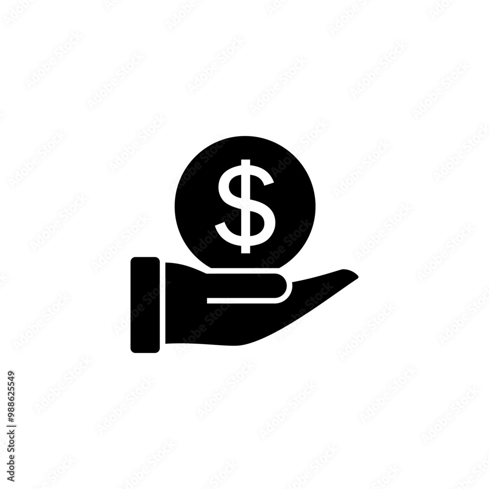 Hand with money and big coin with dollar symbol. Vector silhouette and icon. Hand with money and big coin with dollar symbol. Vector silhouette and icon.