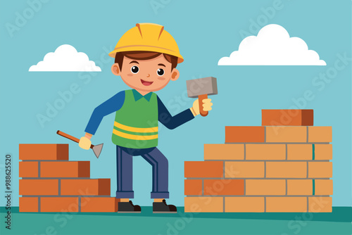 A young boy happily builds a brick wall under a clear blue sky, boy bricklayer worker building a brick wall.