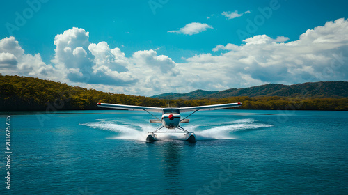 A small seaplane performing a water landing on the serene bay of an island nature reserve with exotic wildlife. photo