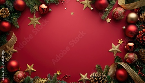 Christmas Ornament Border on Red Background