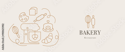 Hand drawn illustration for Bakery. Icons. Food processor, cake, rolling pin, dough, whisk, bakeware dish, cookie and croissant. Template for background, banner, menu, card, poster. 