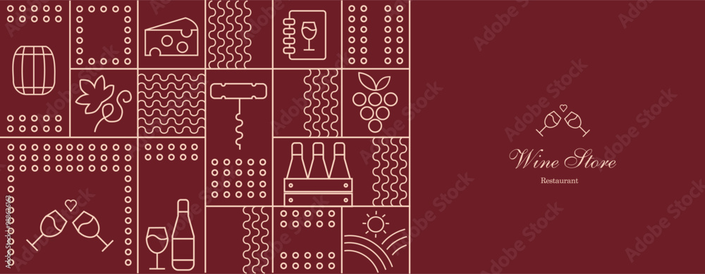 Wine pattern with wine glasses, wine bottles, cheese, corkscrew, cork and abstract design elements in simple geometric style. Good for branding, decoration of wine package, cover design, menu. Wine pattern with wine glasses, wine bottles, cheese, corkscrew, cork and abstract design elements in simple geometric style. Good for branding, decoration of wine package, cover design, menu.